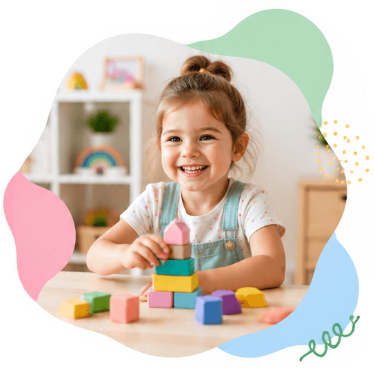Young girl smiling and playing with colourful building blocks