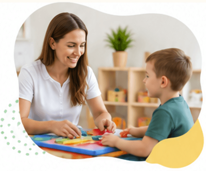 Therapist smiling and working with a young child on a colourful activity